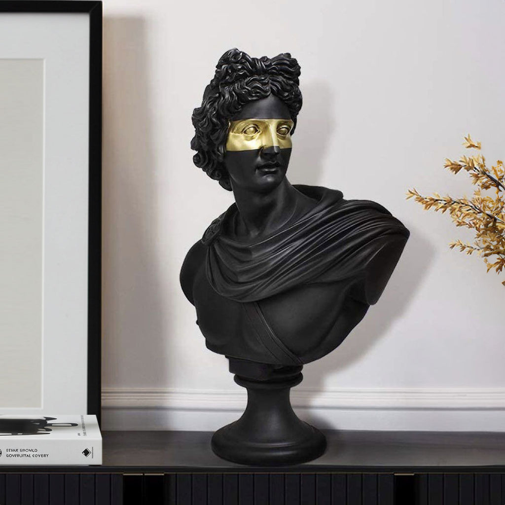 SOGA 40cm Black Classical Bust Resin Sculpture with Gold Eye Mask