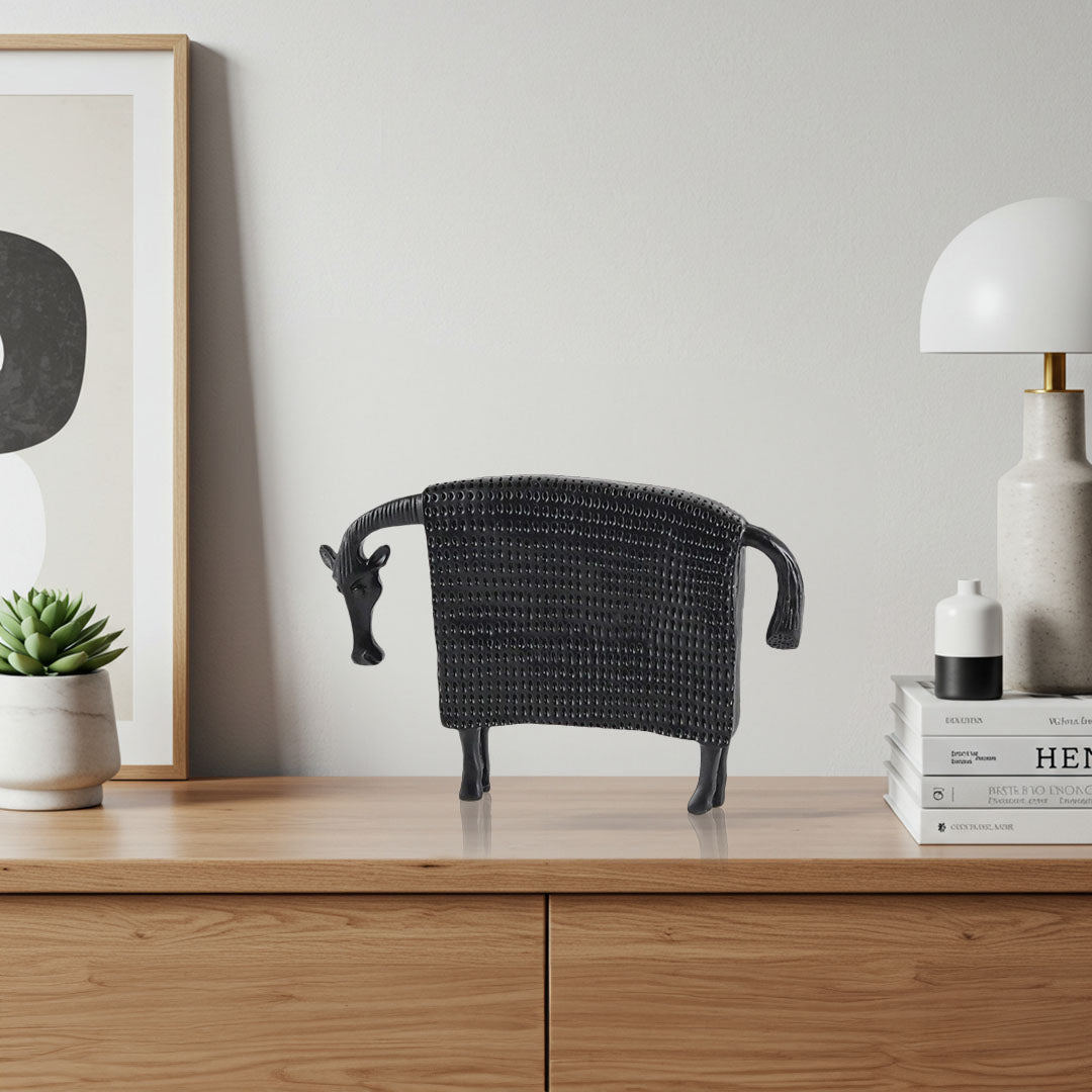 SOGA 24cm Black Cow Sculpture with Dotted Pattern in Resin