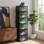 SOGA 6 Tier Black Portable Shoe Organiser Sneaker Footwear Folding Plastic Bin Stackable Storage Box with Magnetic Door