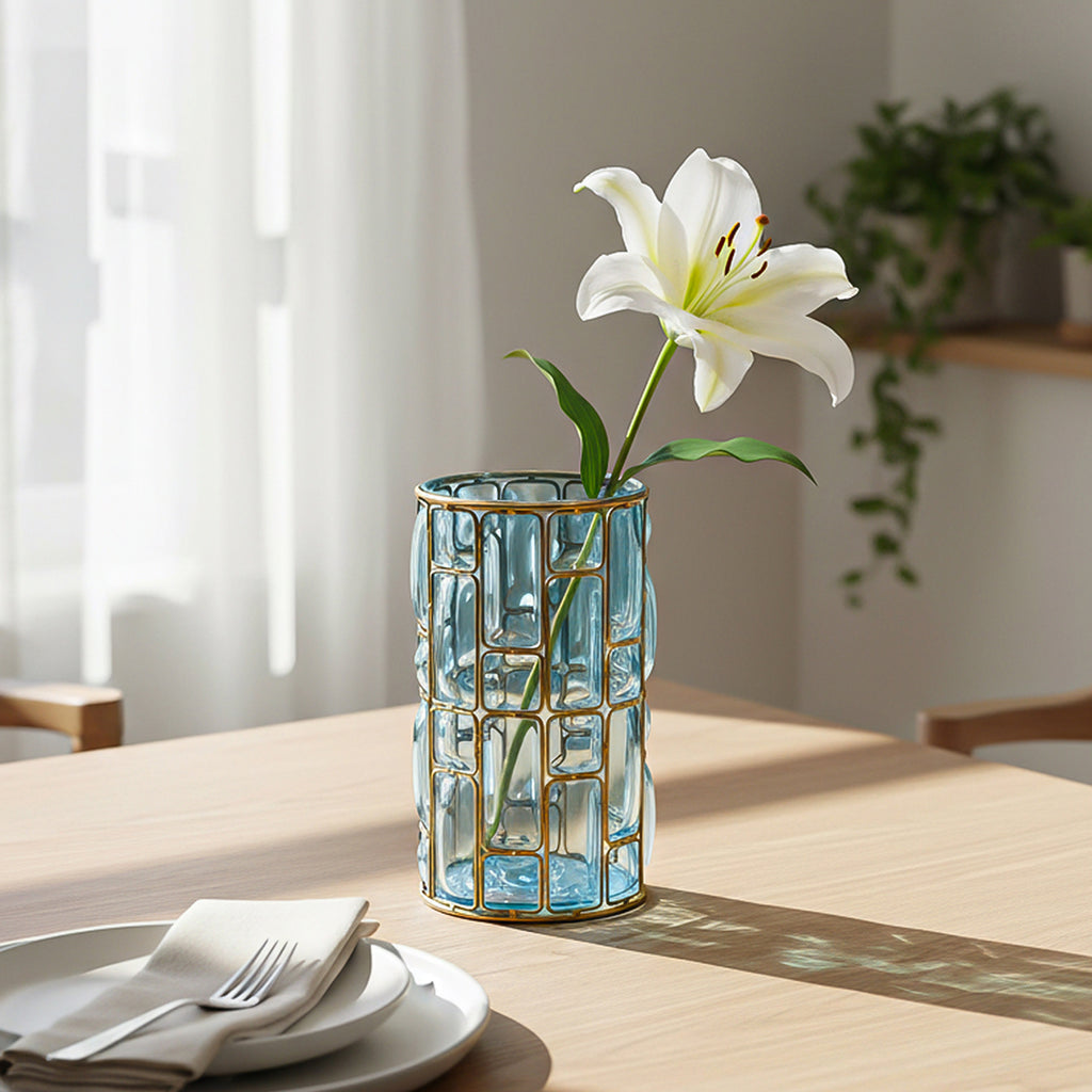 SOGA Blue Colored European Glass Cylinder Flower Vase with Gold Metal Pattern