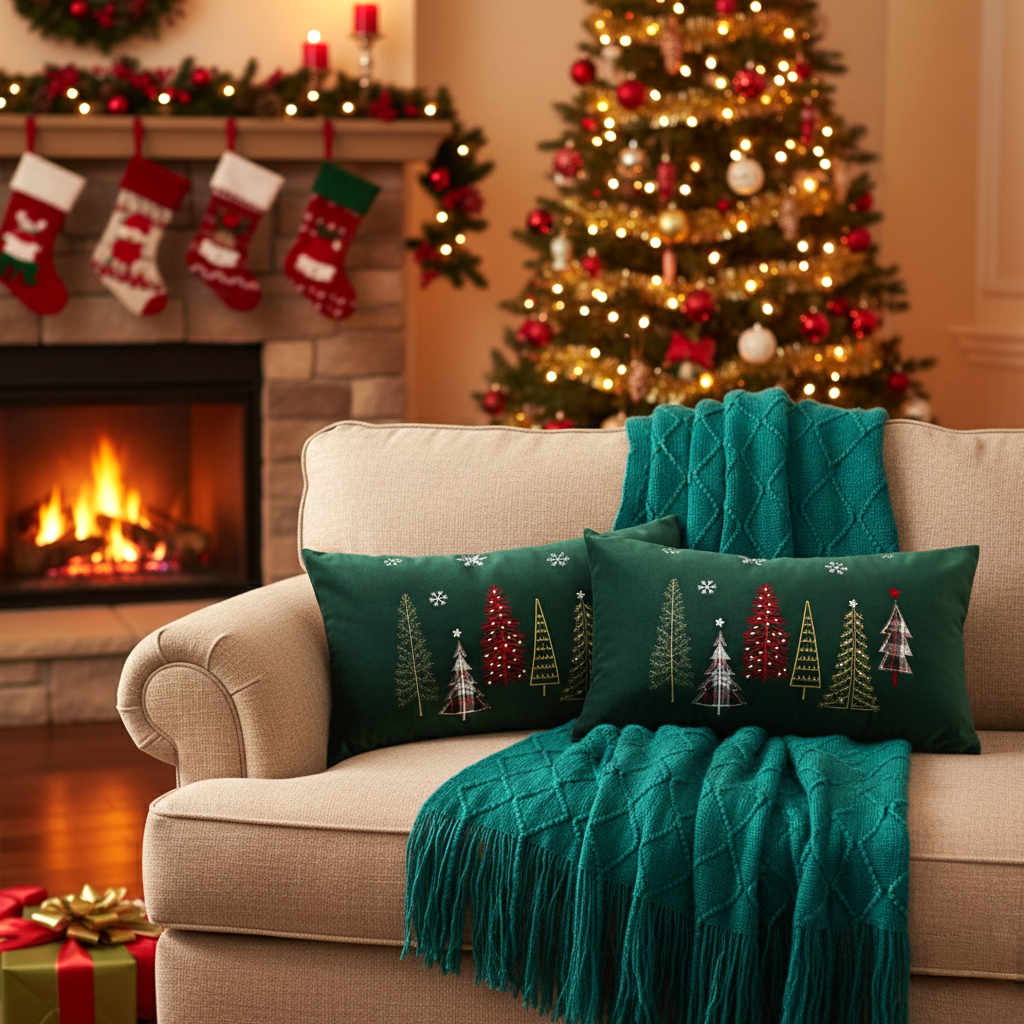 SOGA Christmas Bundle – 2 Dark Green Christmas Forest Lumbar Pillow & Teal Knitted Throw Blanket $ 162