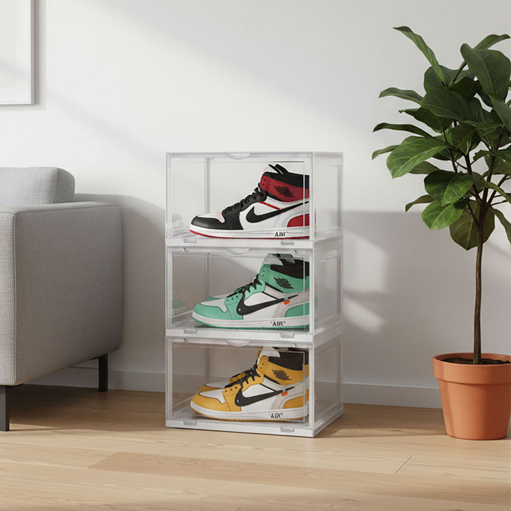 SOGA  2X 3 Tier Transparent Portable Shoe Organiser Sneaker Footwear Folding Plastic Bin Stackable Storage Box with Magnetic Door