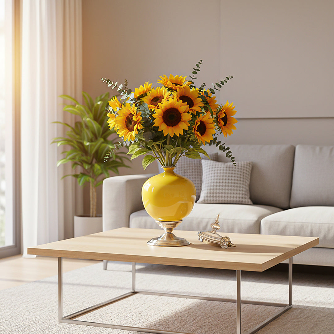 SOGA 38cm Ceramic Oval Flower Vase with Gold Metal Base Yellow