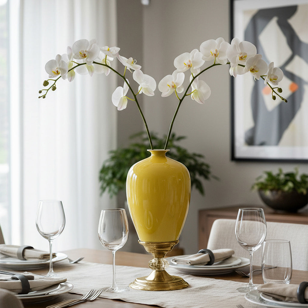SOGA 2x 42cm Ceramic Oval Flower Vase with Gold Metal Base Yellow