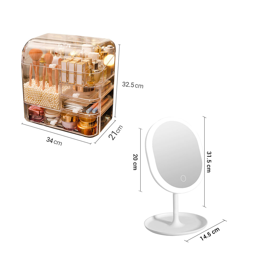 SOGA Transparent Cosmetic Storage with Pearls Skincare Holder and 20cm White Rechargeable LED Light Makeup Tabletop Mirror Set