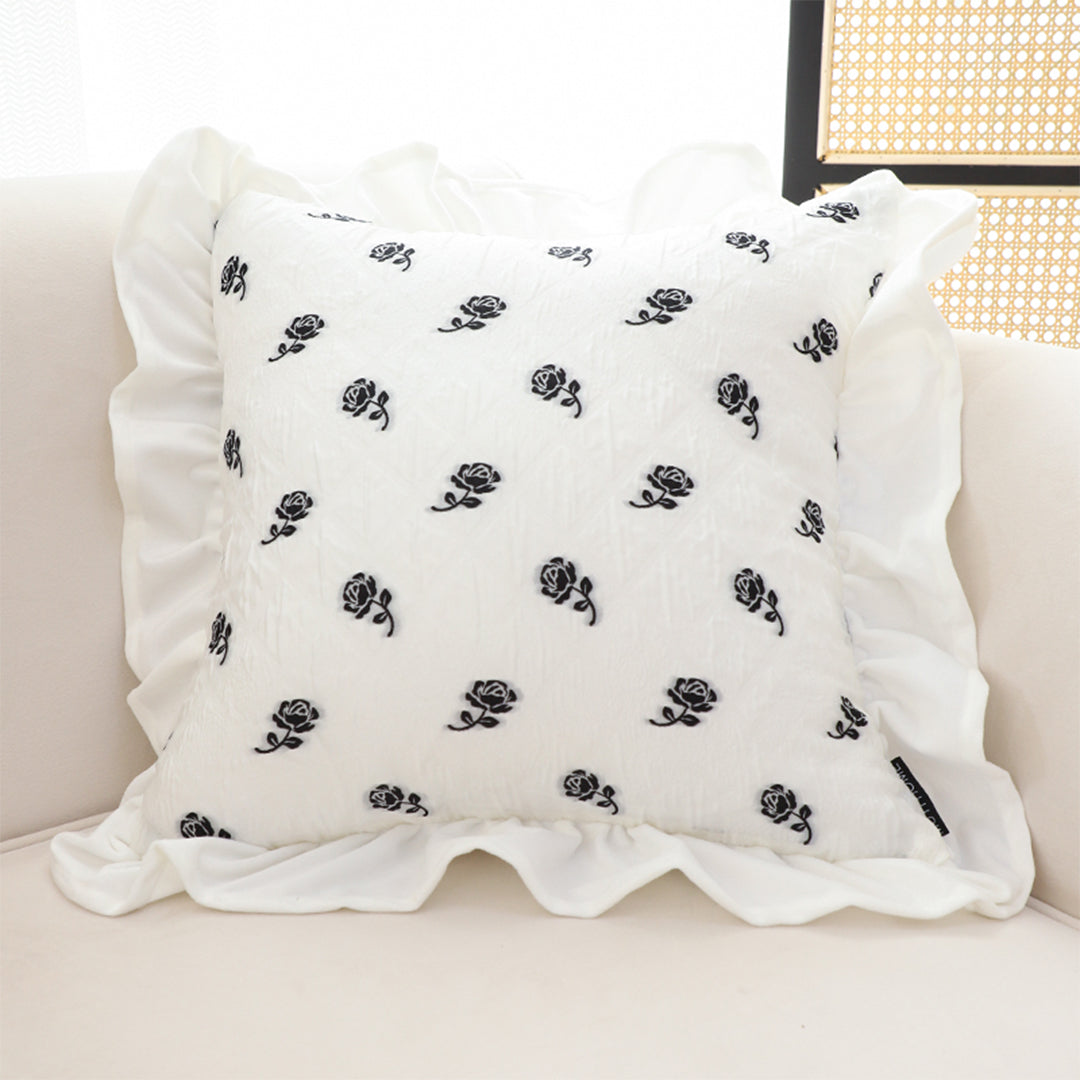 SOGA 45cm Throw Pillow  White Ruffled Square Decorative Cushion for Rose Lovers Cozy Home Decor