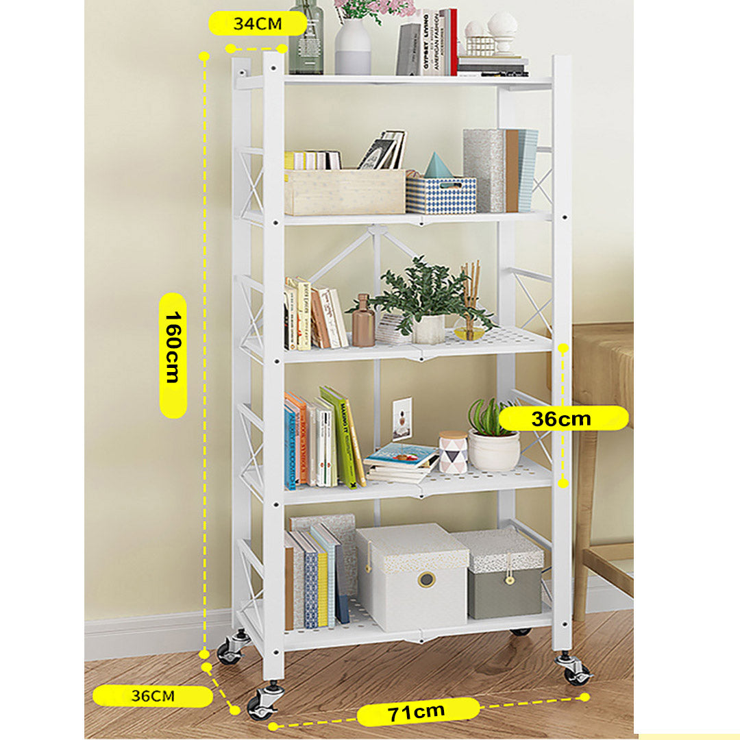SOGA 5 Tier Steel White Foldable Display Stand Multi-Functional Shelves Storage Organizer with Wheels