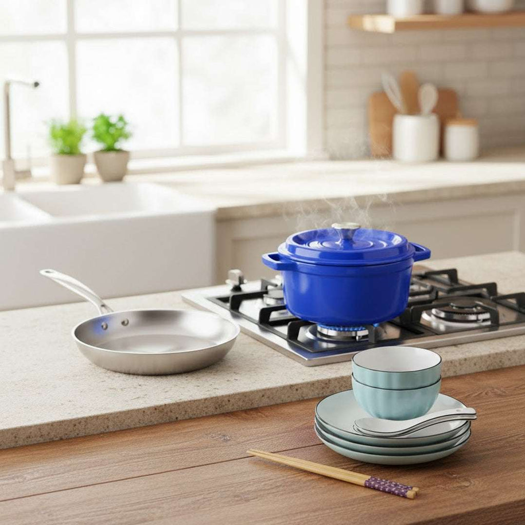 SOGA Kitchenware Bundle – Blue Enamel Stewpot, Stainless Steel Fry Pan & Ceramic Dinnerware Set $ 229