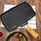 SOGA 2X 20.5cm Rectangular Cast Iron Griddle Grill Frying Pan with Folding Wooden Handle