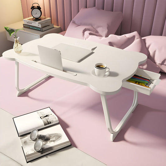 SOGA White Portable Bed Table Adjustable Folding Mini Desk With Mini Drawer and Cup-Holder Home Decor