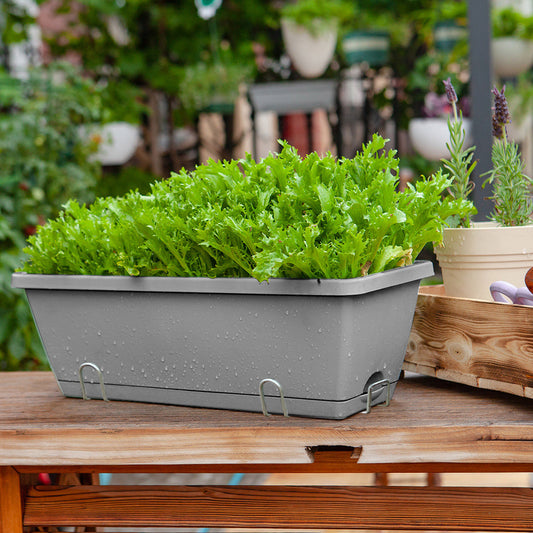 SOGA 49.5cm Gray Rectangular Planter Vegetable Herb Flower Outdoor Plastic Box with Holder Balcony Garden Decor Set of 2