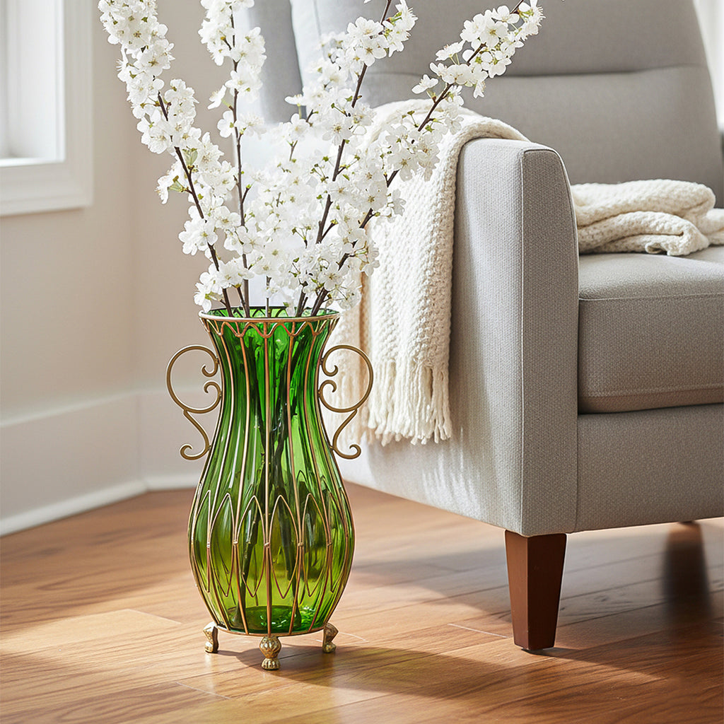 SOGA 51cm Green Glass Oval Floor Vase with Metal Flower Stand