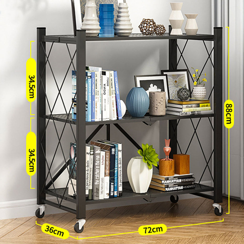 SOGA 2X 3 Tier Steel Black Foldable Kitchen Cart Multi-Functional Shelves Storage Organizer with Wheels