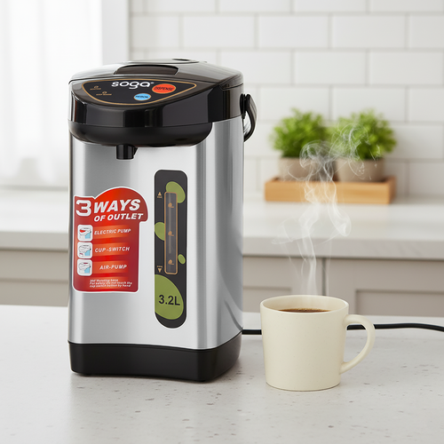 SOGA 3.2L Silver Stainless Steel Electric Kettle Water Boiler Thermal Pot Dispenser 3 Modes
