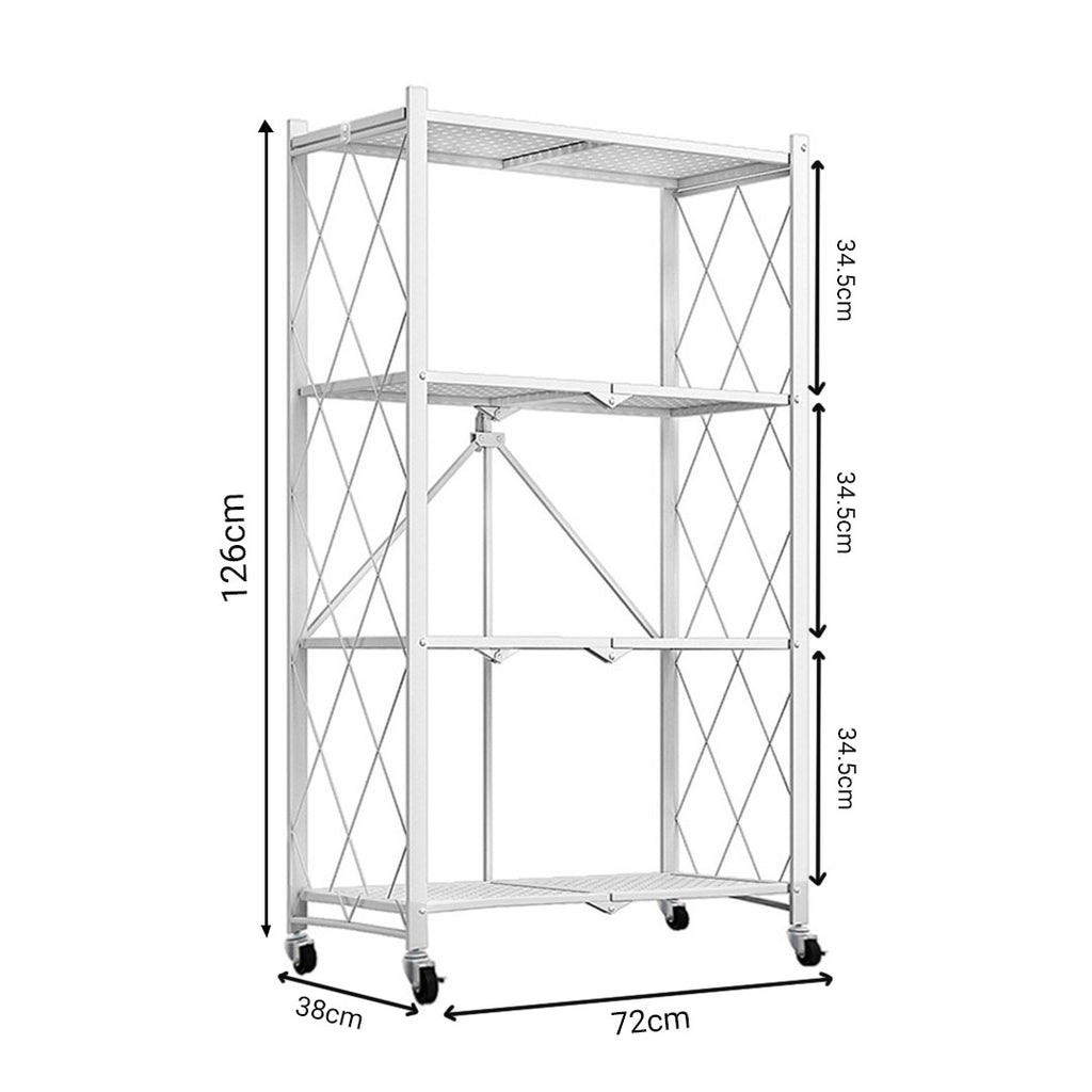 SOGA 4 Tier Steel White Foldable Kitchen Cart Multi-Functional Shelves Storage Organizer with Wheels