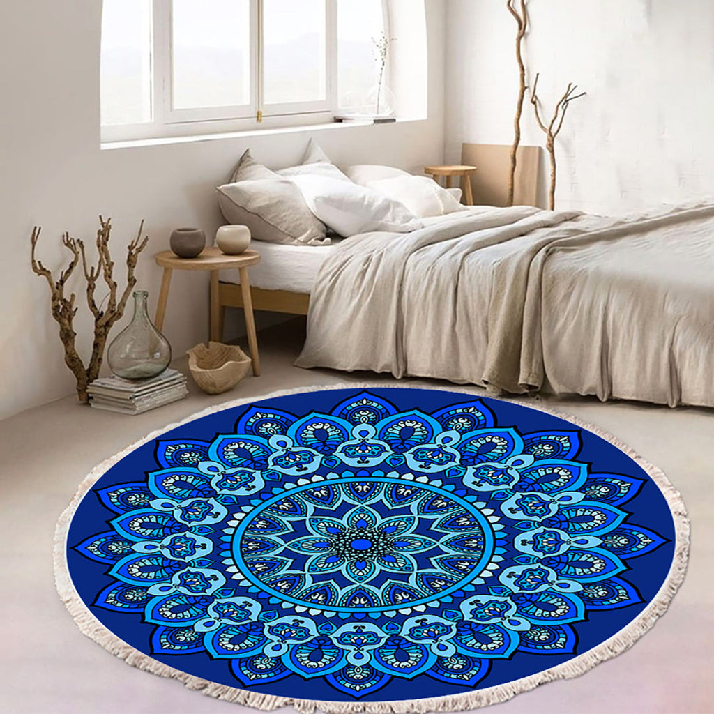 SOGA 2X 90cm Blue Mandala Round Carpet for Living Room Bedroom Anti-slip Doormat, Home Decor