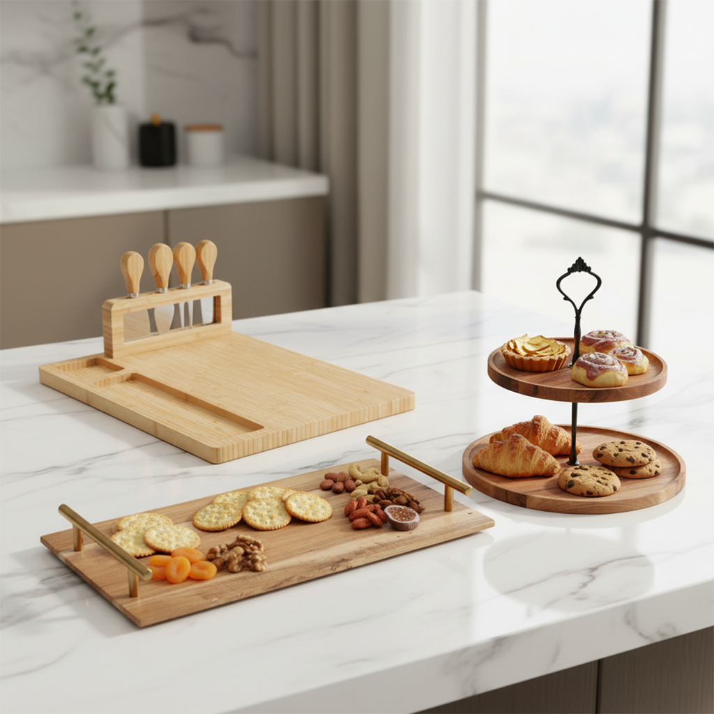 SOGA Kitchenware Bundle – Brown Acacia Cheese Board, 2-Tier Dessert Stand & Serving Tray