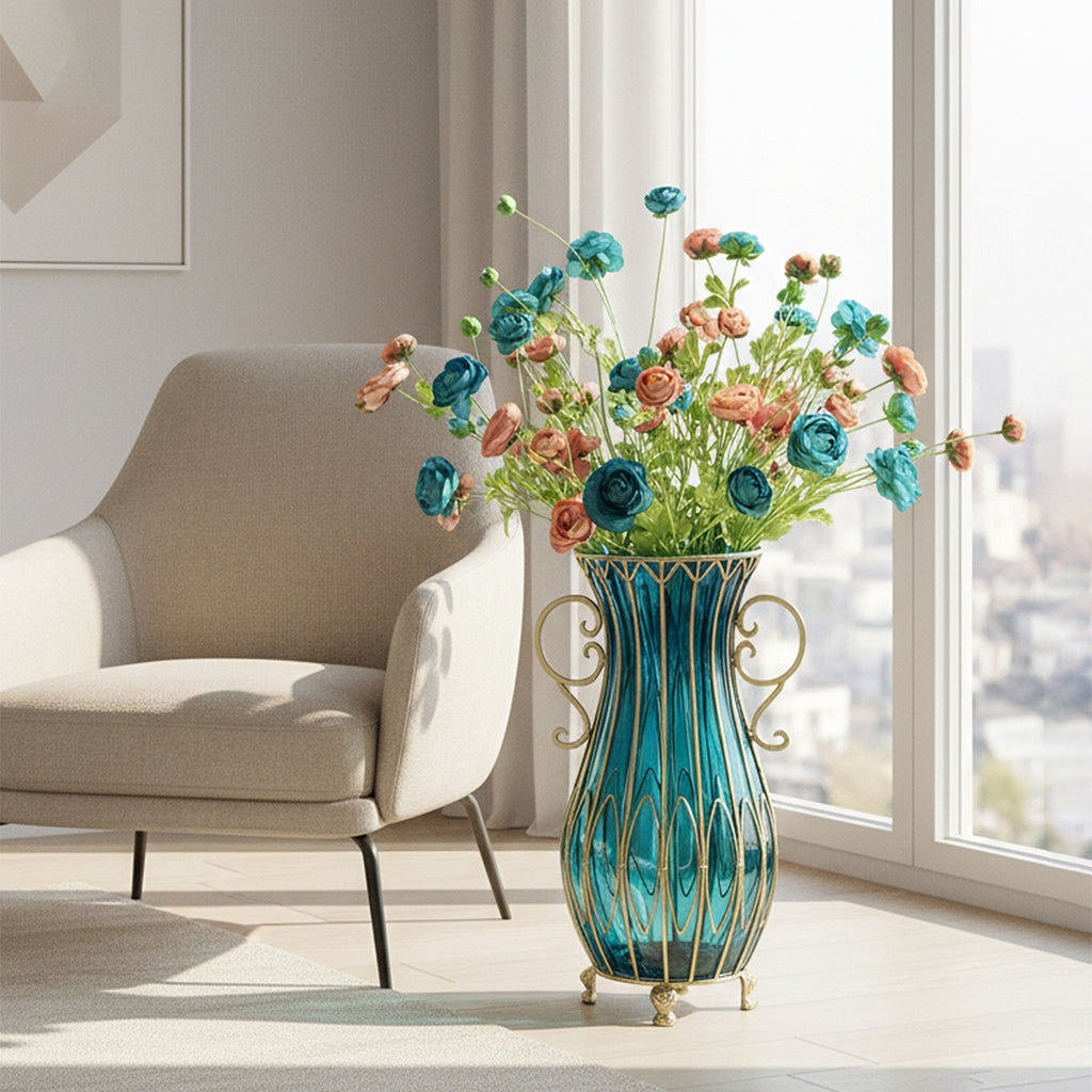 SOGA 51cm Blue Glass Tall Floor Vase with 12pcs Artificial Fake Flower Set