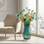 SOGA 51cm Blue Glass Tall Floor Vase with 12pcs Artificial Fake Flower Set