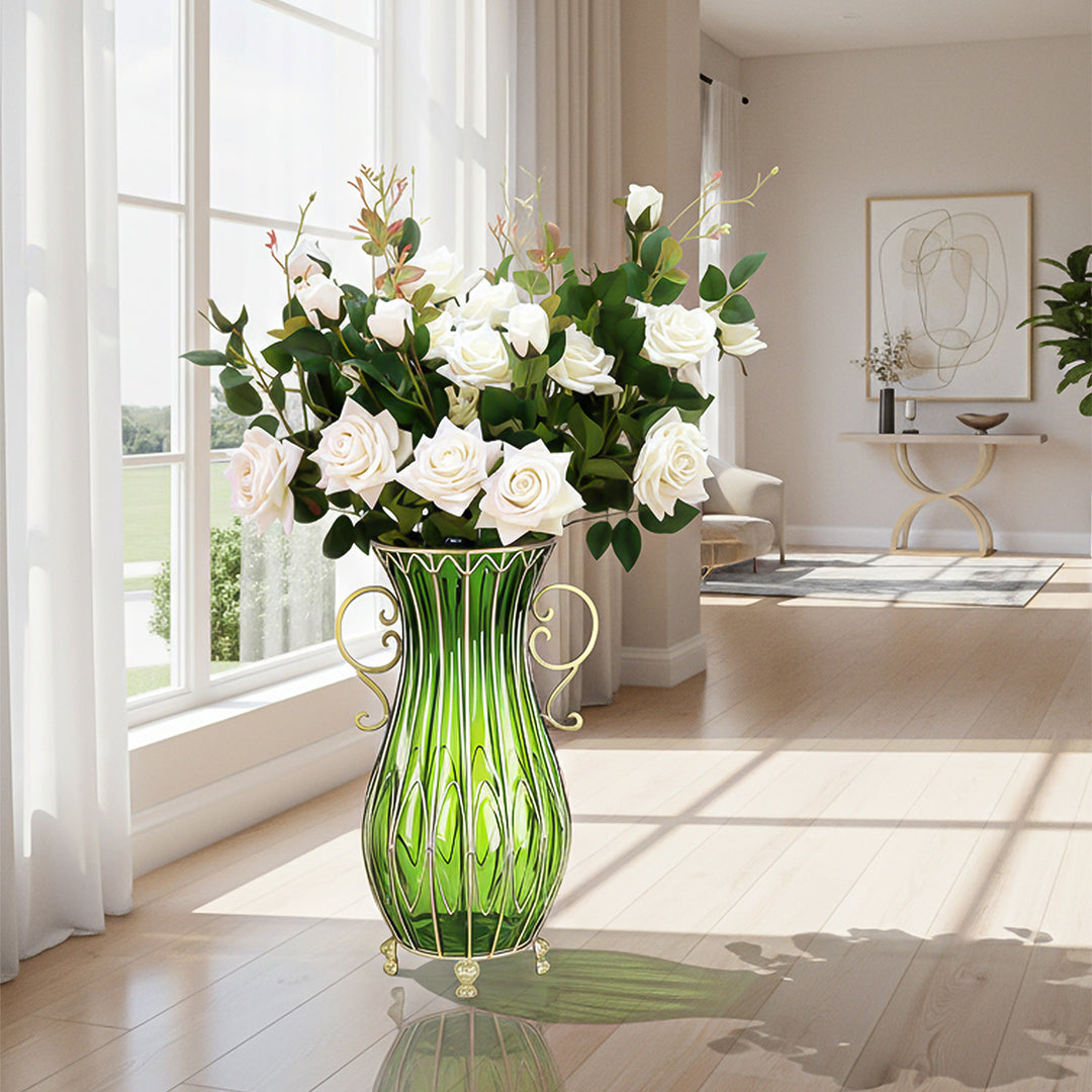 SOGA 51cm Green Glass Tall Floor Vase with 12pcs White Artificial Fake Flower Set