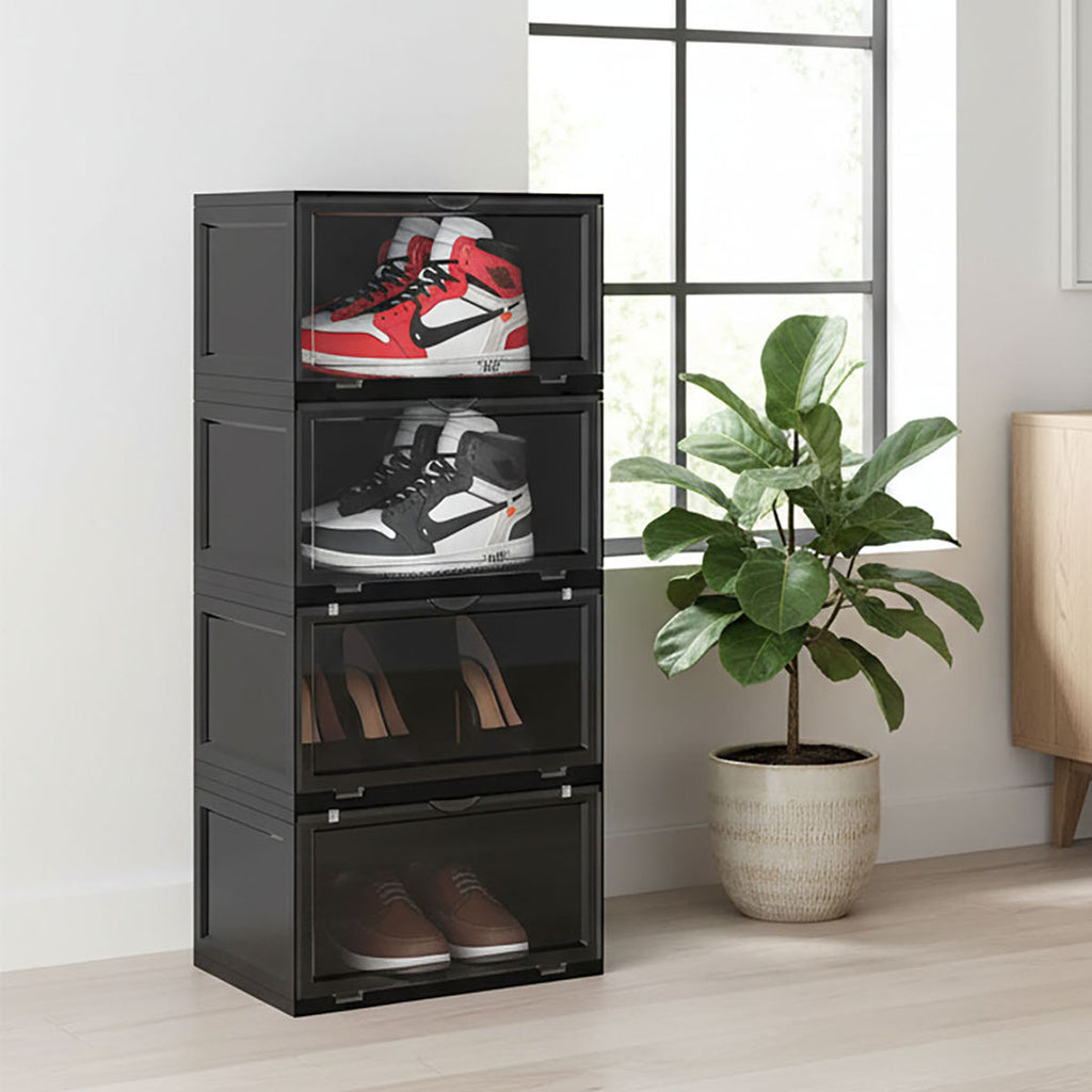 SOGA 4 Tier Black Portable Shoe Organiser Sneaker Footwear Folding Plastic Bin Stackable Storage Box with Magnetic Door