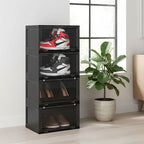 SOGA 4 Tier Black Portable Shoe Organiser Sneaker Footwear Folding Plastic Bin Stackable Storage Box with Magnetic Door