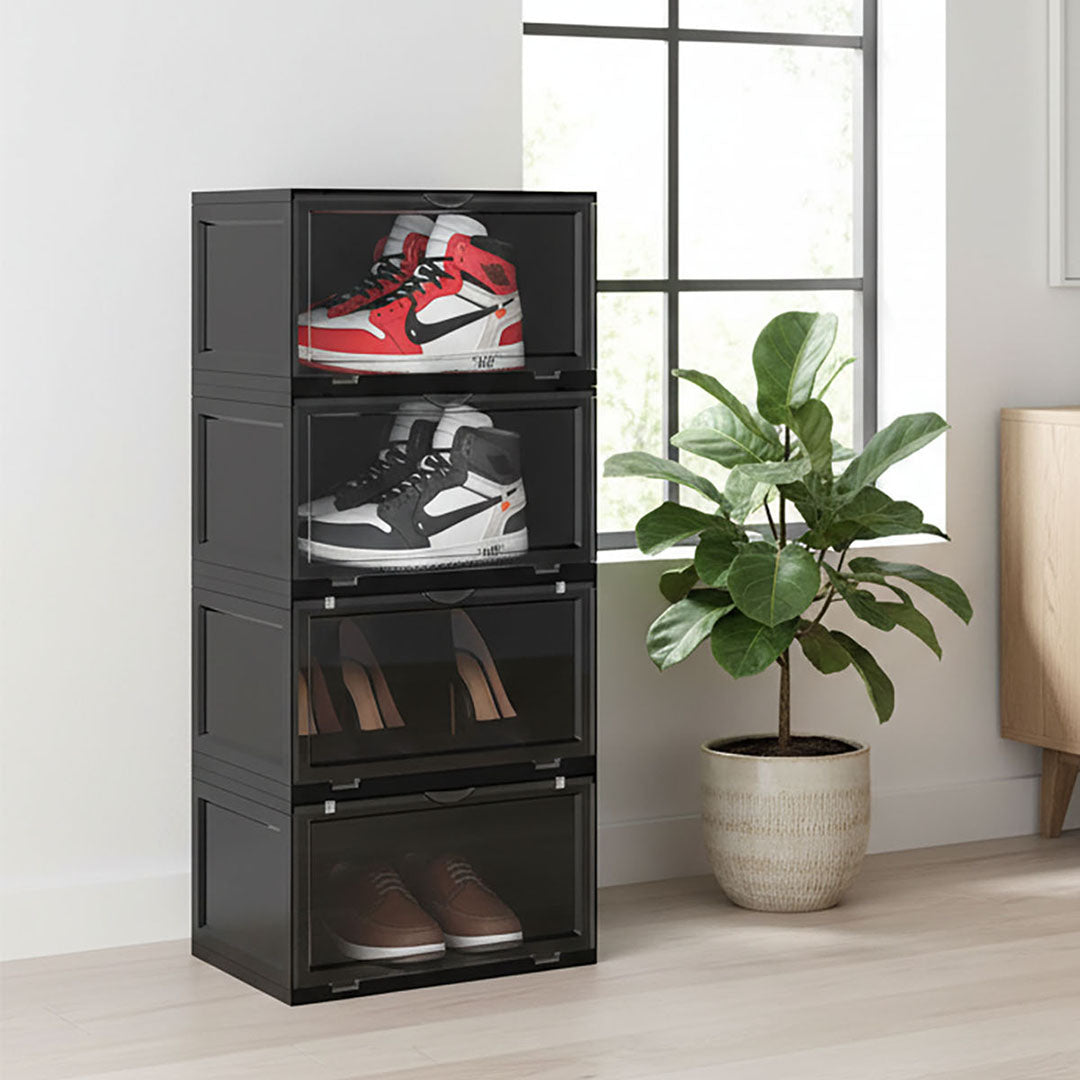 SOGA 4 Tier Black Portable Shoe Organiser Sneaker Footwear Folding Plastic Bin Stackable Storage Box with Magnetic Door