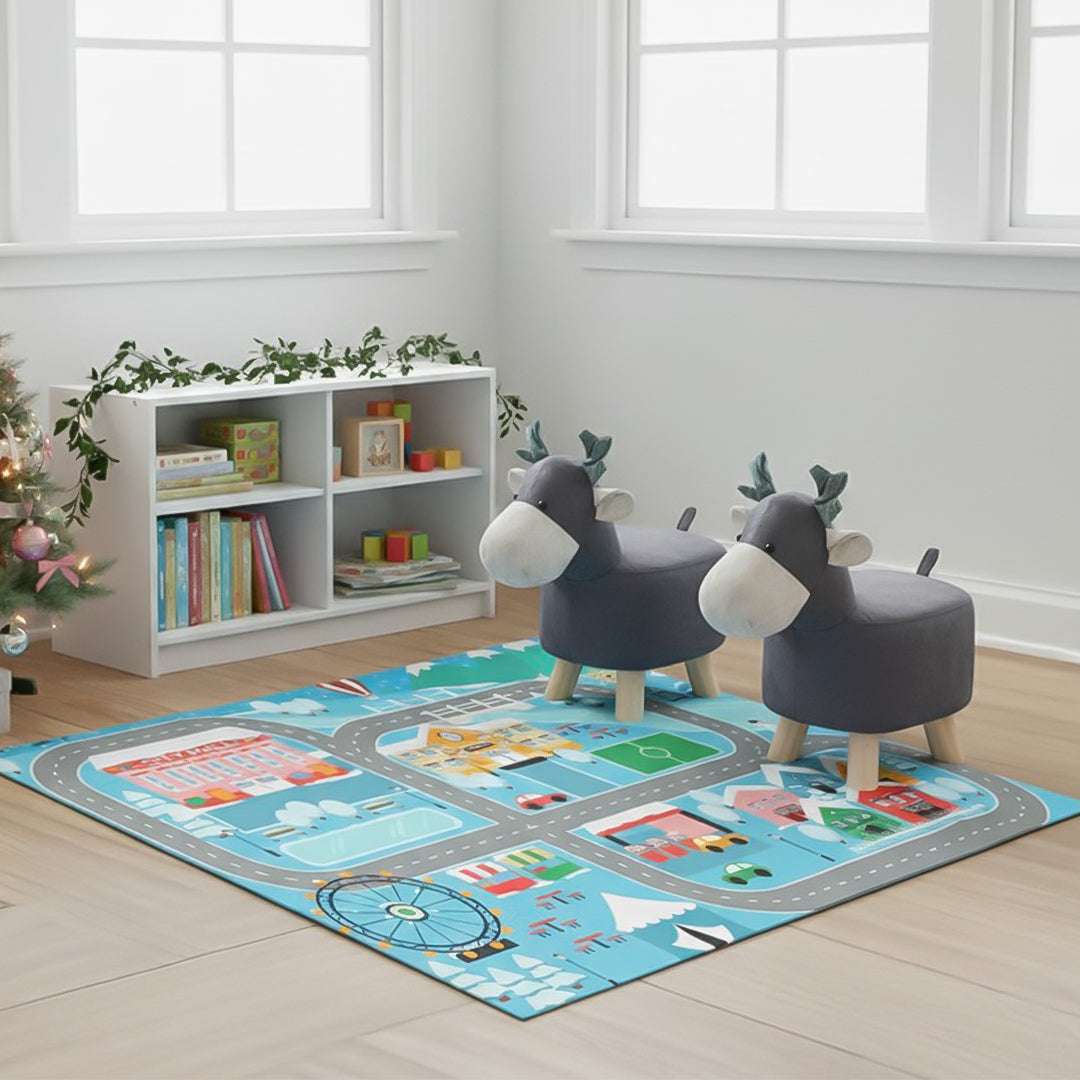 SOGA Home & Living Bundle – 2 Grey Deer Character Children's Ottoman & Kids Street Map Rug