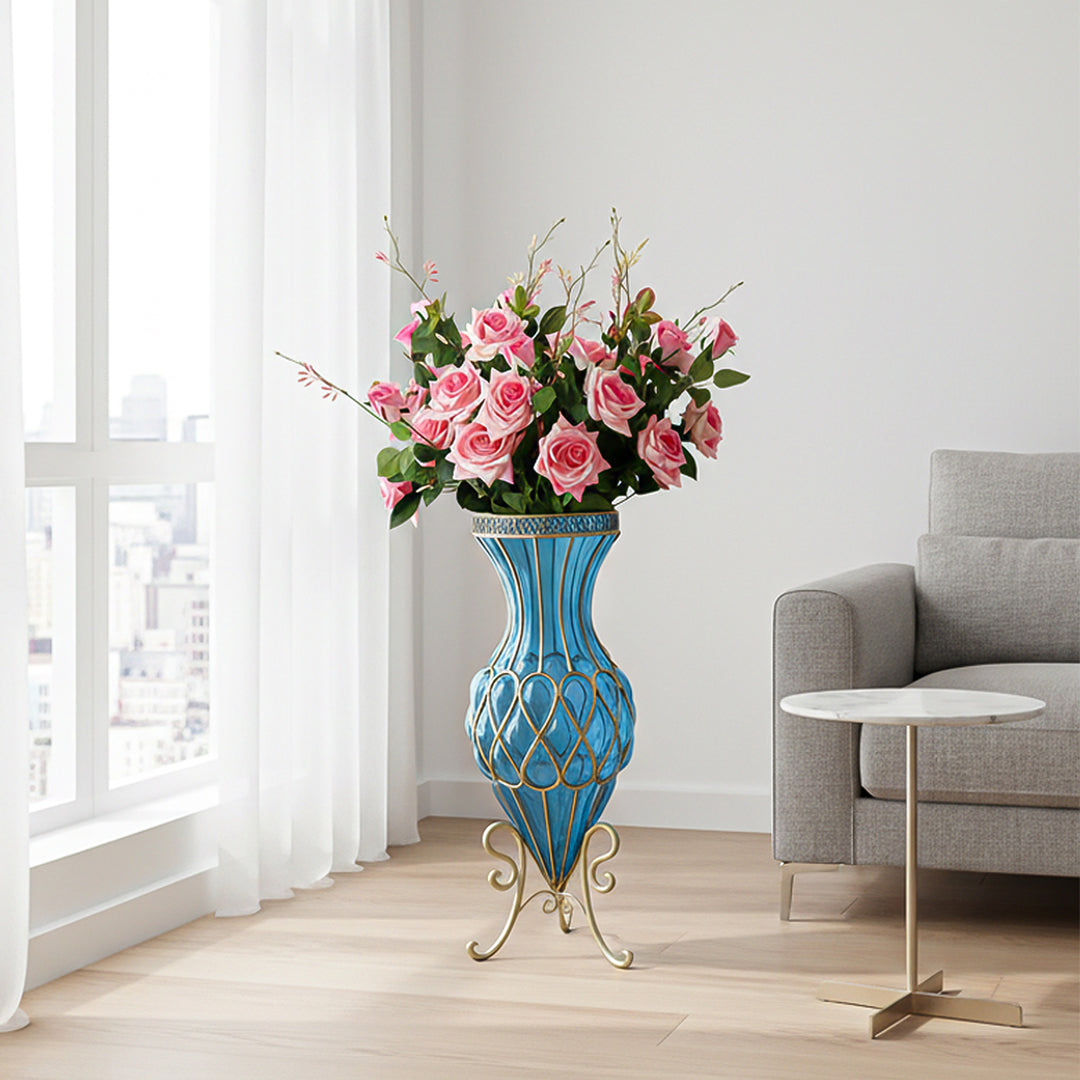 SOGA 67cm Blue Glass Tall Floor Vase and 12pcs Pink Artificial Fake Flower Set