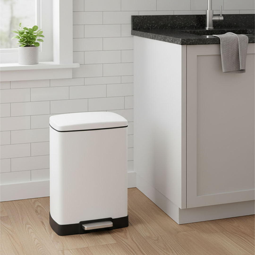 SOGA Foot Pedal Stainless Steel Rubbish Recycling Garbage Waste Trash Bin Rectangular Shape 12L White