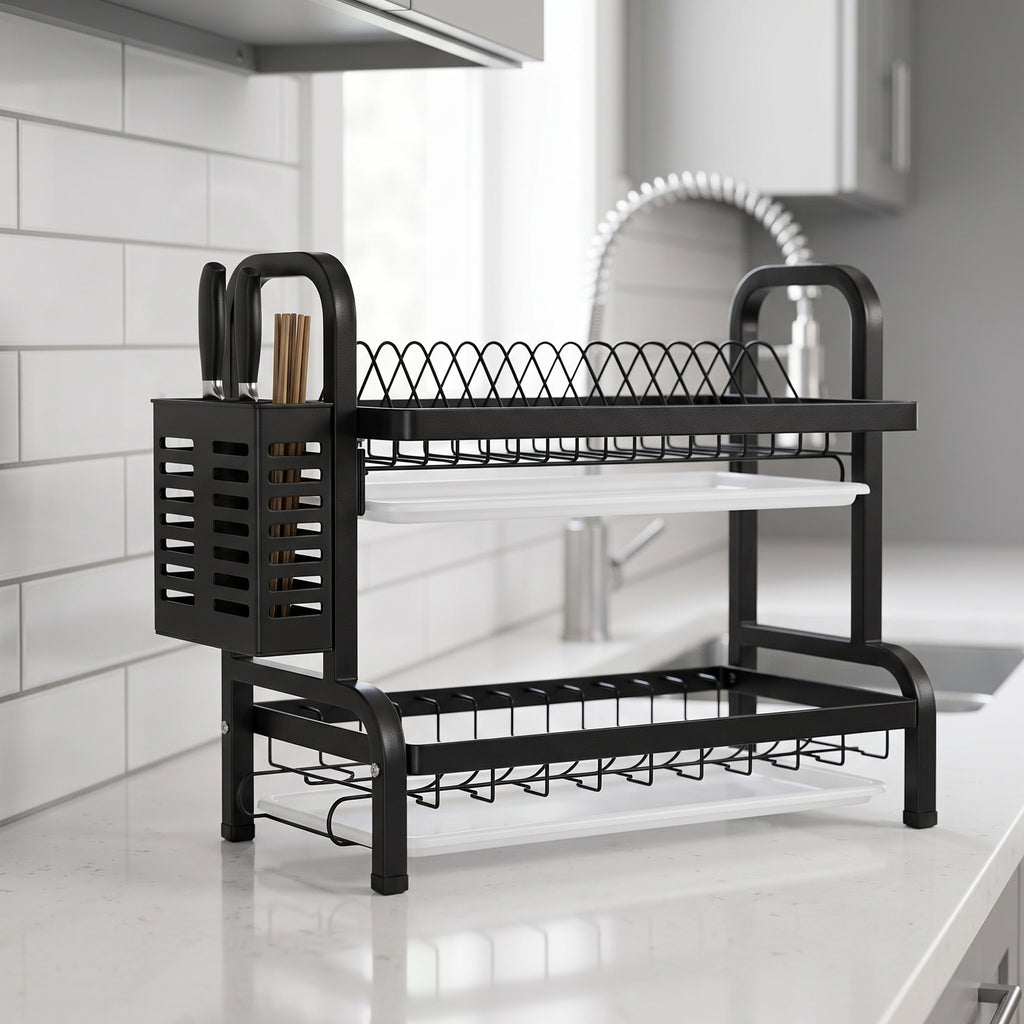 SOGA 2X 2 Tier Steel Black Kitchen Countertop Drying Dish Rack Plate Cutlery Cutting Board Holder Dish Drainer Kitchen Organiser