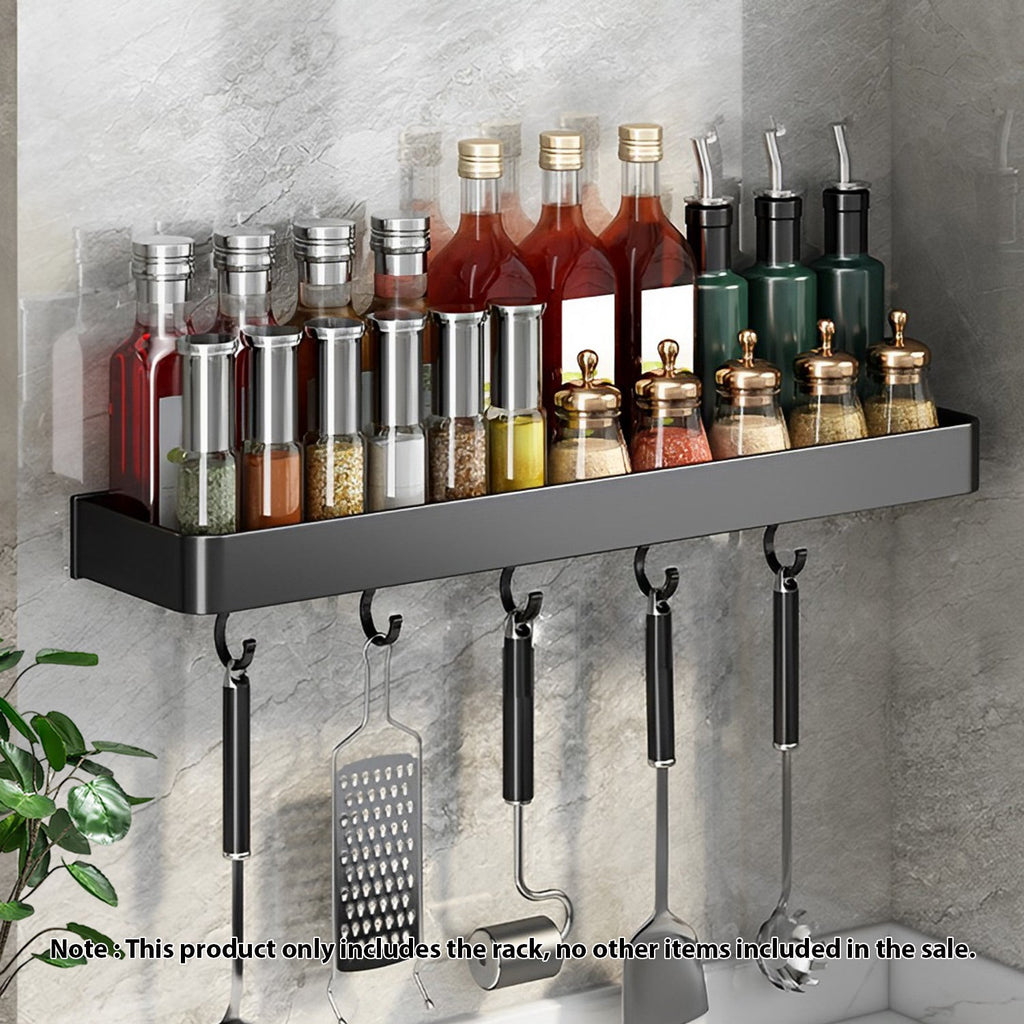 SOGA 2X 40cm Black Wall-Mounted Rectangular Kitchen Spice Storage Organiser Space Saving Condiments Shelf Rack with Hooks