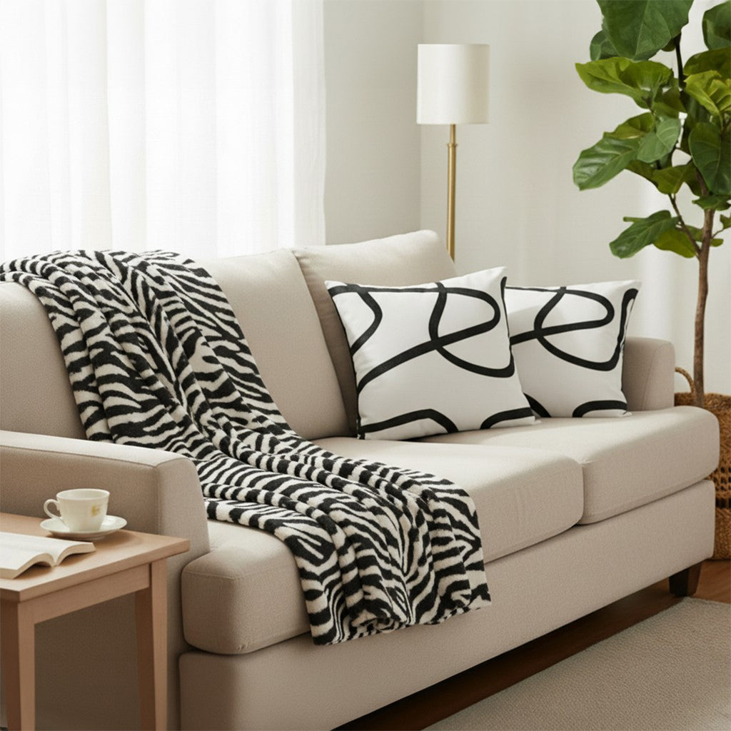 SOGA Home & Living Bundle – 2 White Letter Pillows & Black & White Zebra Throw