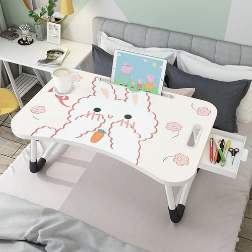 SOGA 2X Cute Rabbit Design  Portable Bed Table Adjustable Foldable Bed Sofa Study Table Laptop Mini Desk with Drawer and Cup Slot Home Decor