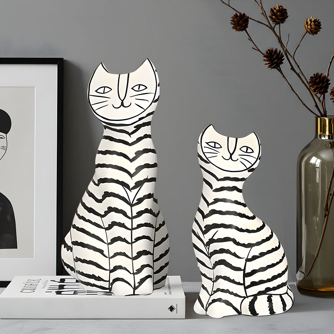 SOGA 22cm and 27cm Black & White Striped Cat Resin Sculptures