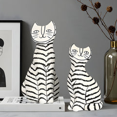 SOGA 22cm and 27cm Black & White Striped Cat Resin Sculptures
