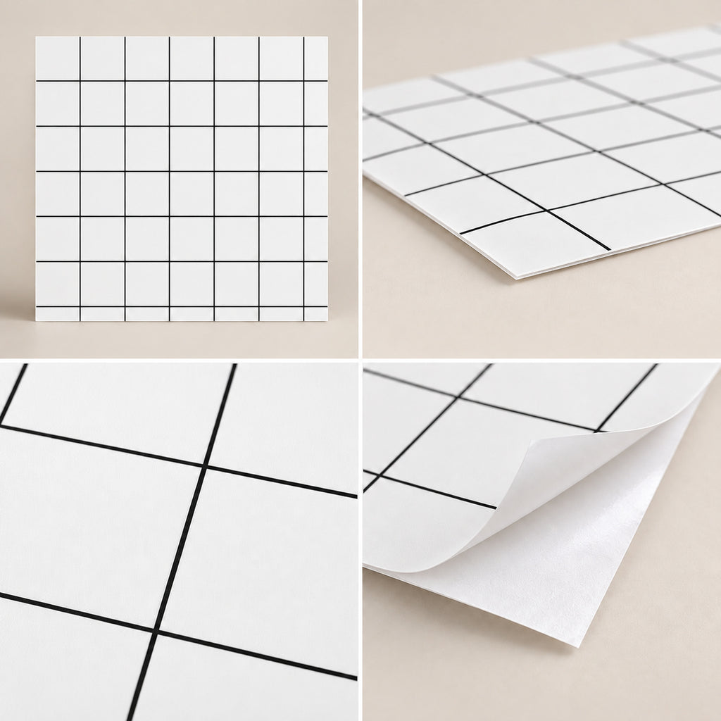SOGA Peel & Stick Floor and Wall Tiles 30 x 30cm 10 Pack White Grid Tile Look