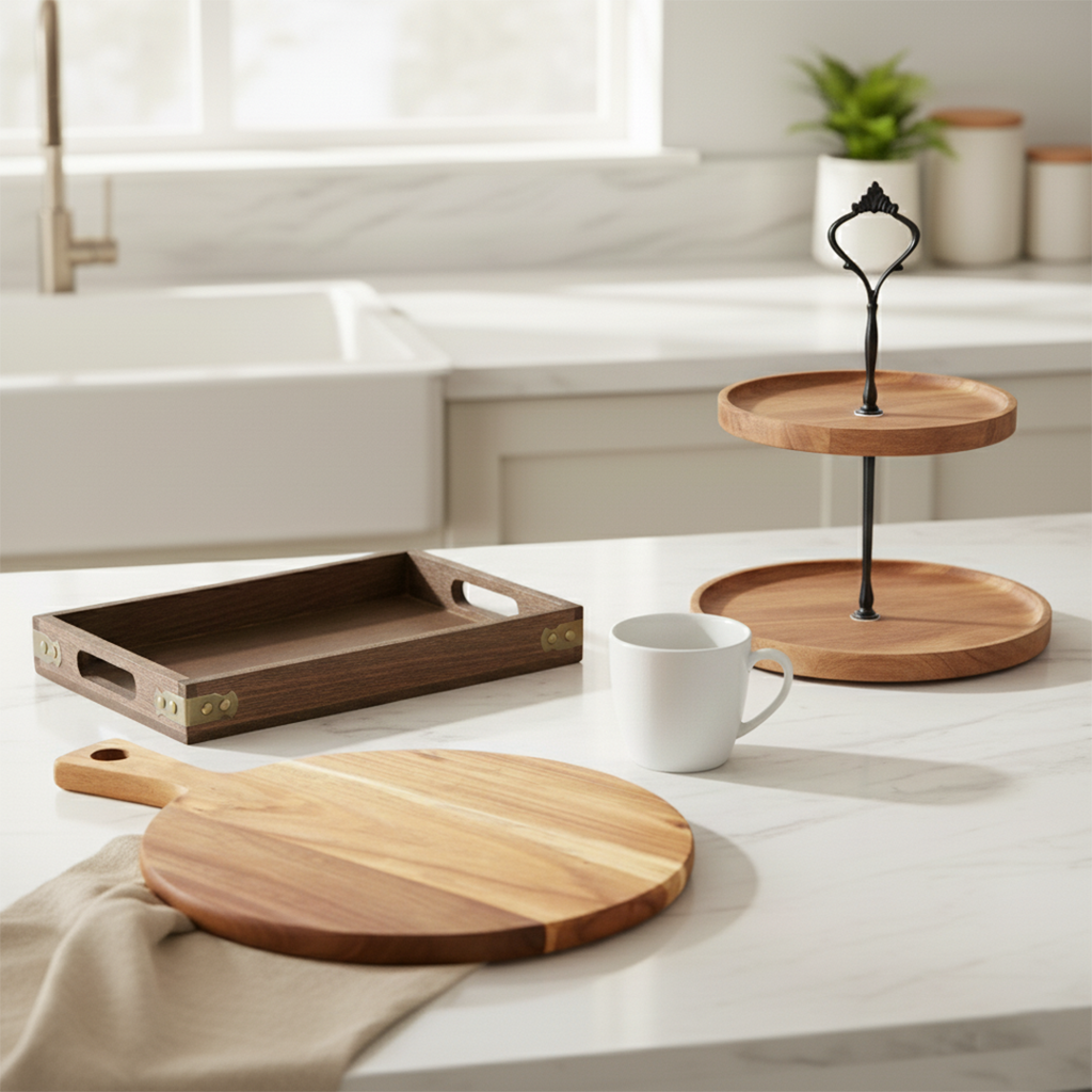 SOGA Kitchenware Bundle – Wooden Dessert Stand, Serving Tray & Premium Acacia Cutting Board