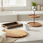 SOGA Kitchenware Bundle – Wooden Dessert Stand, Serving Tray & Premium Acacia Cutting Board