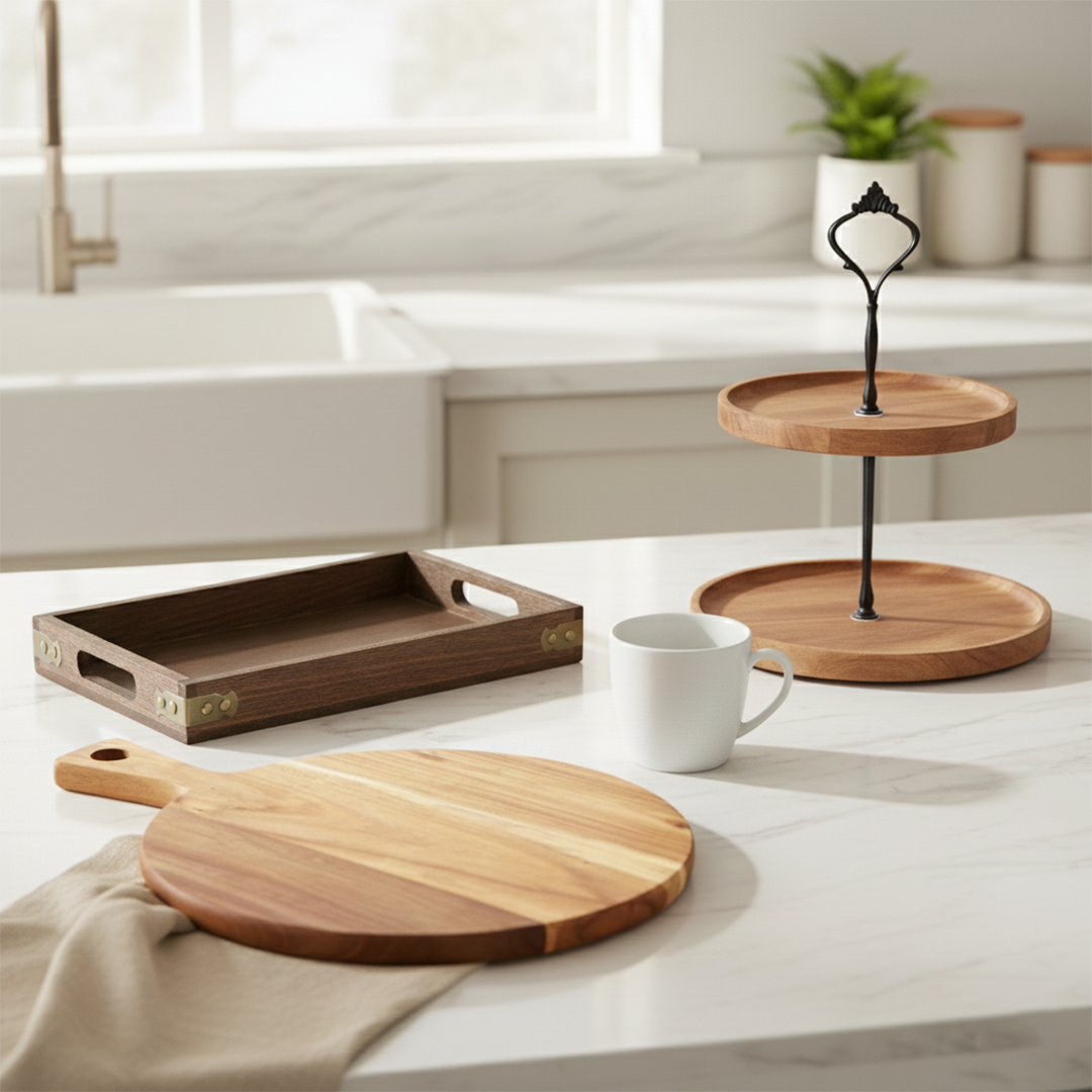 SOGA Kitchenware Bundle – Wooden Dessert Stand, Serving Tray & Premium Acacia Cutting Board