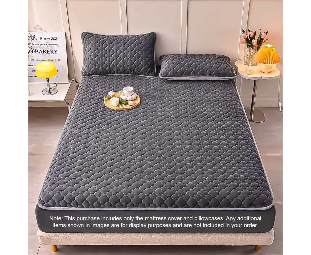 SOGA 2X Grey 153cm Wide Mattress Cover Thick Quilted Fleece Stretchable Clover Design Bed Spread Sheet Protector with Pillow Covers