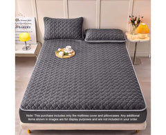 SOGA 2X Grey 153cm Wide Mattress Cover Thick Quilted Fleece Stretchable Clover Design Bed Spread Sheet Protector with Pillow Covers