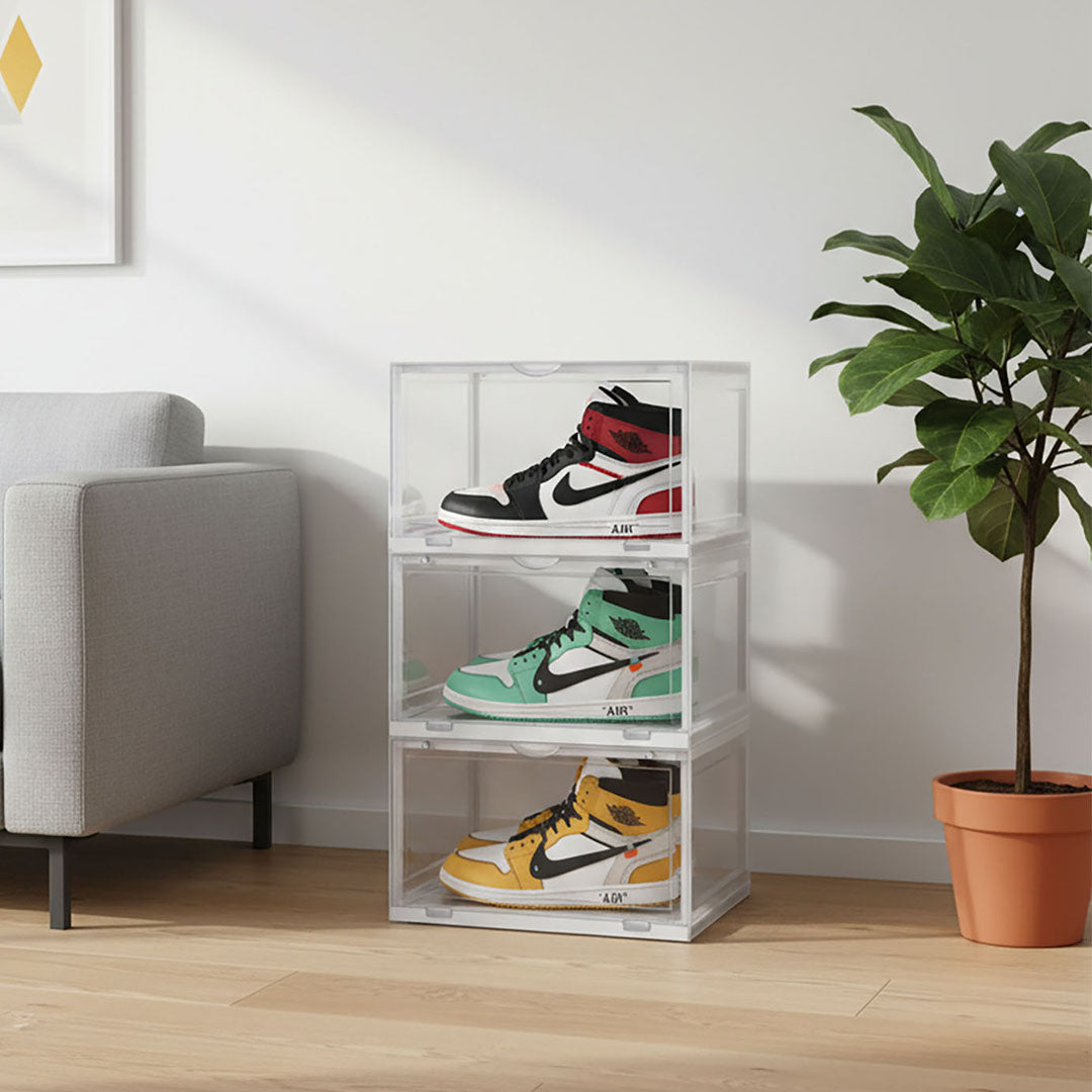 SOGA 3 Tier Transparent Portable Shoe Organiser Sneaker Footwear Folding Plastic Bin Stackable Storage Box with Magnetic Door