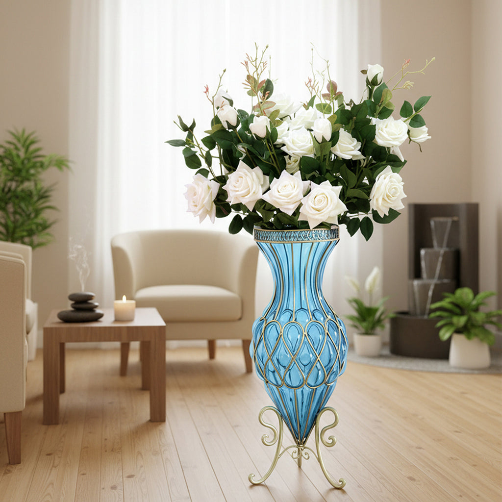 SOGA 67cm Blue Glass Tall Floor Vase and 12pcs White Artificial Fake Flower Set