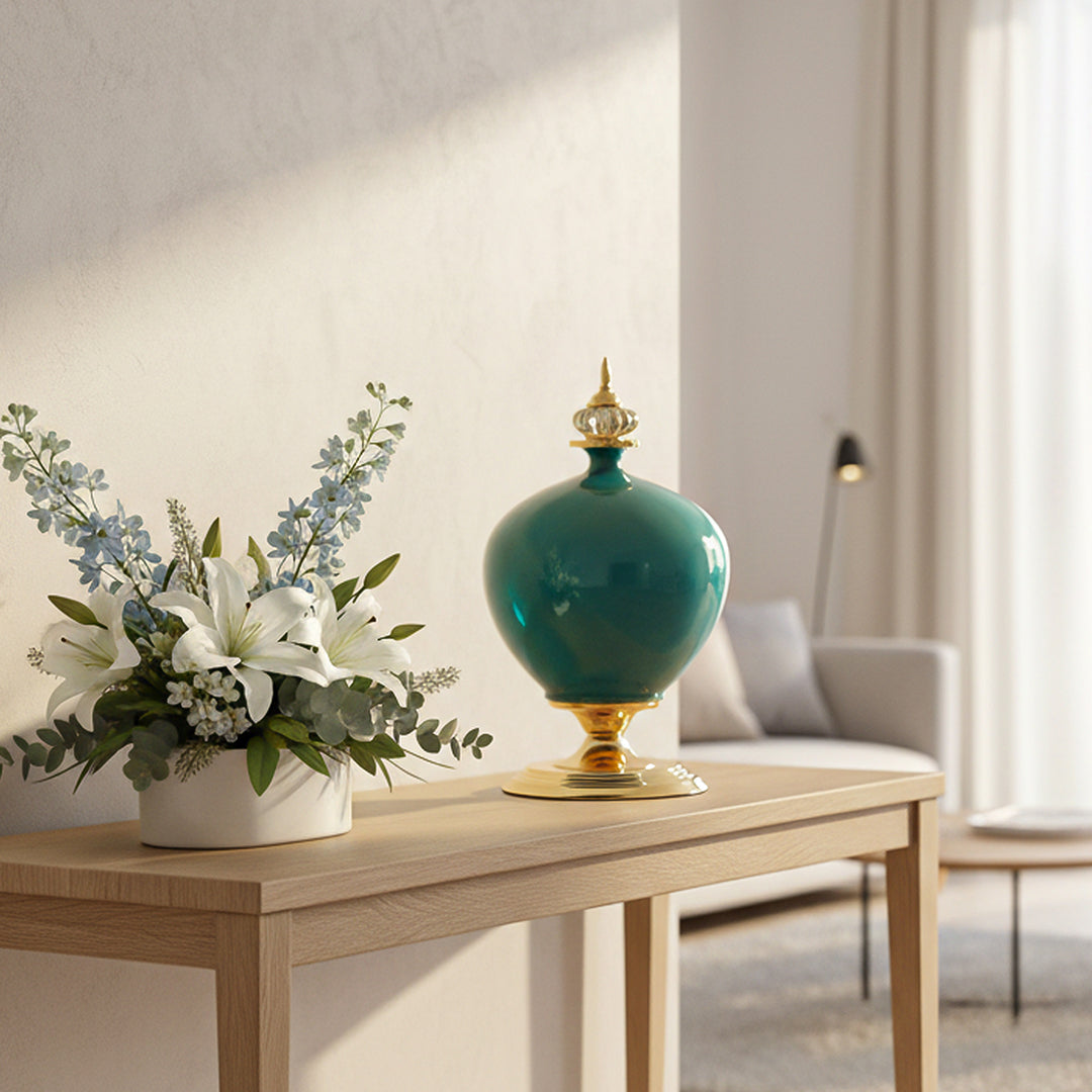 SOGA 38cm Ceramic Oval Flower Vase with Gold Metal Base Green