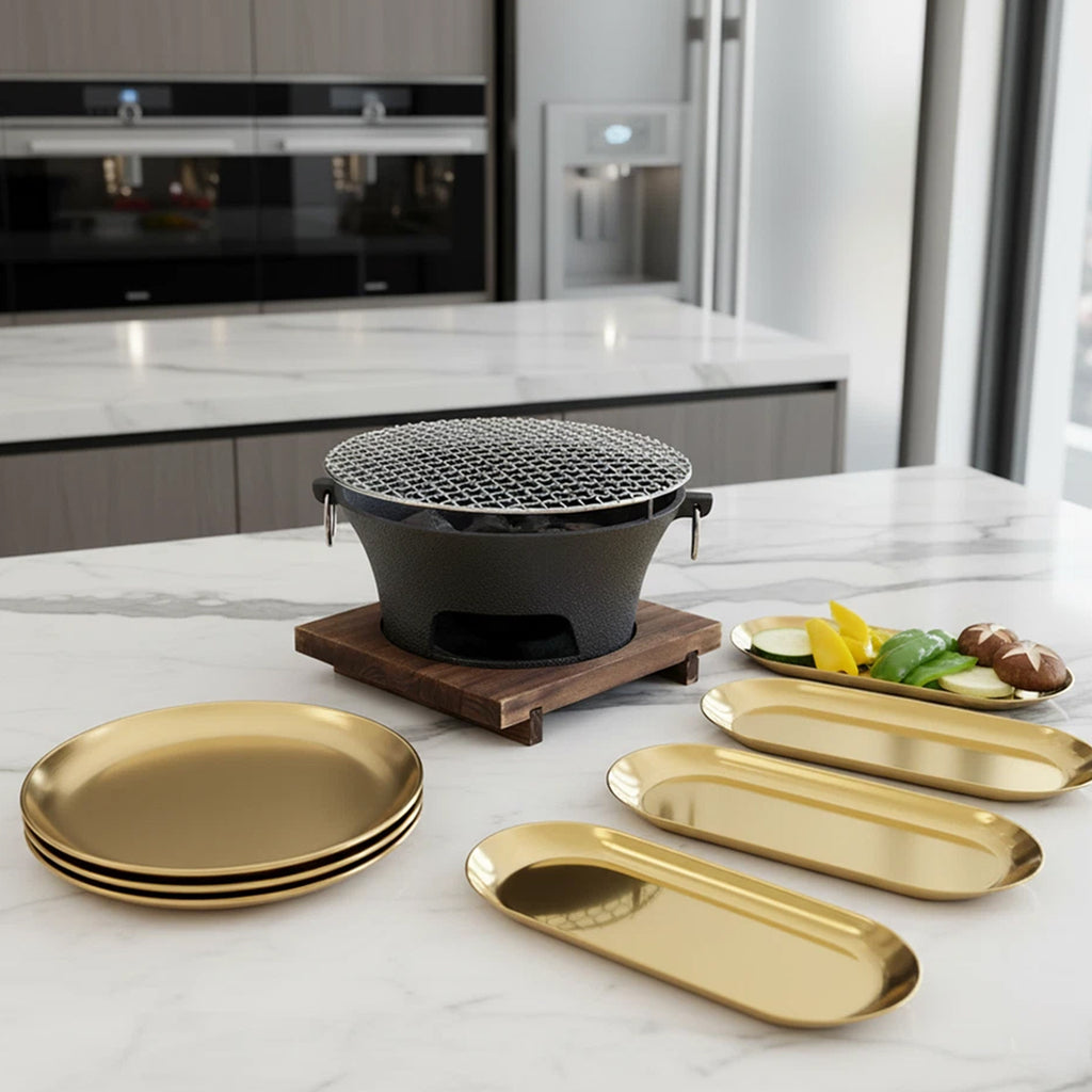 SOGA Kitchenware Bundle A– Gold Nordic Plate Set, 23cm Grilling Plate & Portable Charcoal BBQ Grill