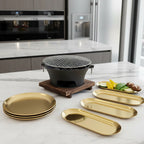 SOGA Kitchenware Bundle A– Gold Nordic Plate Set, 23cm Grilling Plate & Portable Charcoal BBQ Grill