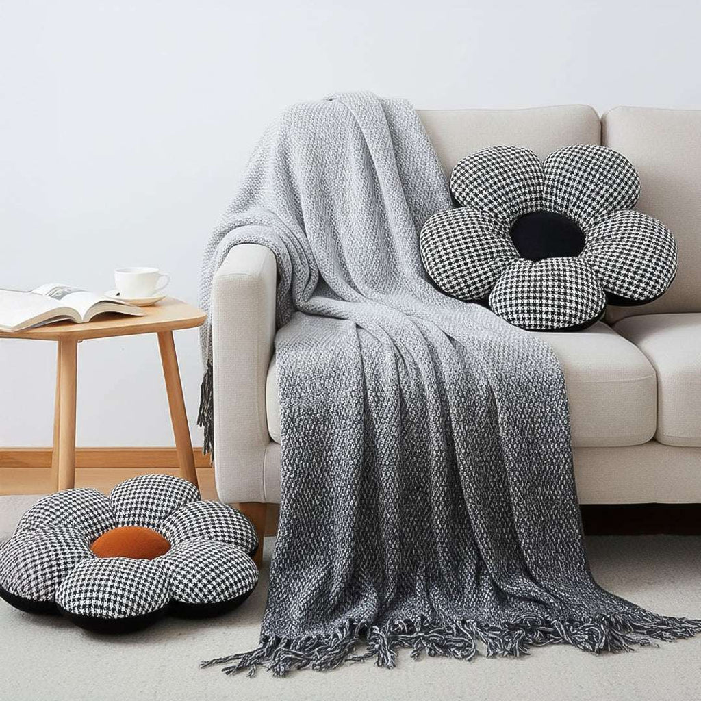 SOGA Home & Living Bundle – Black Flower Floor Pillows & Star Grey Gradient Tassel Blanket $ 149