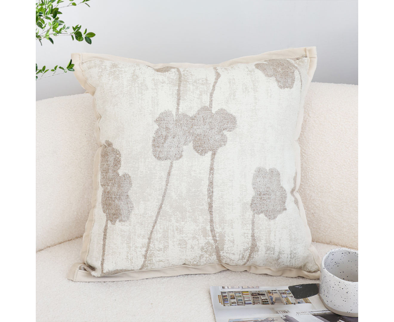SOGA 45cm Botanical Beige Poppy Flower Print Linen Decorative Throw Pillow