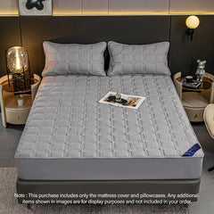 SOGA 2X Grey 153cm Wide Mattress Cover Thick Quilted Stretchable Bed Spread Sheet Protector with Pillow Covers